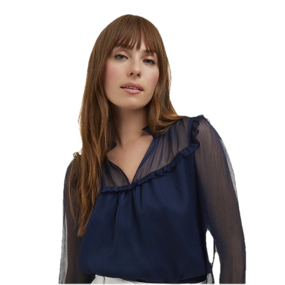 Draper James Top Woman 2XL Blue Gretchen Long Sleeve Sheer Top Half Blouse